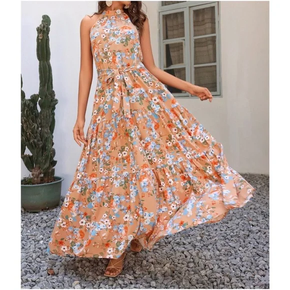 Boho Orange Floral Print Ruffle Maxi Dress Cottagecore - Picture 3 of 5